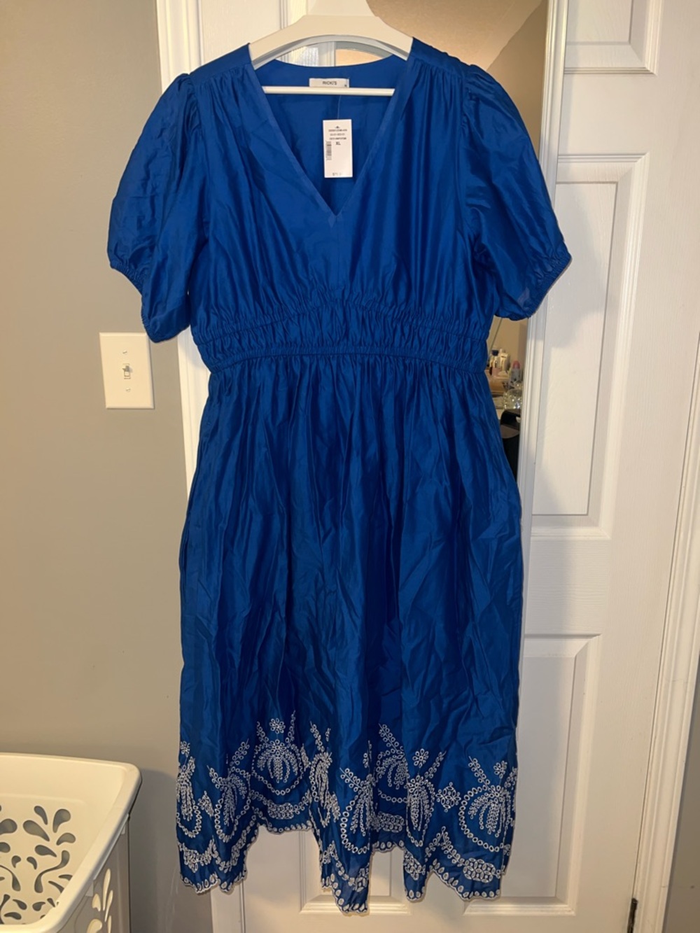 Ricki's Cobalt Blue V-Neck Midi Dress with White Embroidered Hem